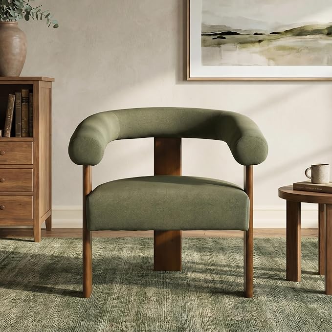 VKNOW Accent Chair, Vanity Chair with Armrests and Walnut Legs, Green | Mohair-type Fabric, Barrel Back, Armrests, For Adults and Family, Living Room, Bedroom, Vanity, No Wobble, Easy Assembly