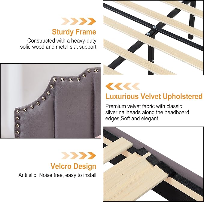VECELO Full Velvet Upholstered Platform Bed Frame with 4 Rollers Storage Drawers,Full Size Bed with Tufted Height Adjustable Headboard,Wooden Slats/No Box Spring Needed/Easy Assembly