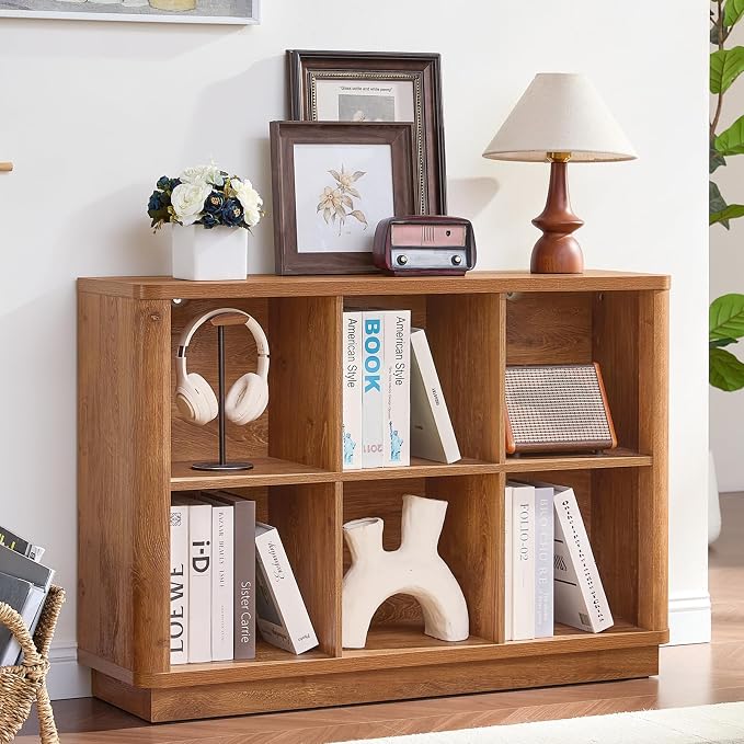 Joaxswe 6 Cube Storage Book Shelf, 40" Wide Low Horizontal Bookcase with Curved Edge, Floor Standing 2-Tier Wooden Bookshelf with Base, Modern Short Book Case for Bedroom, Study, Entryway, Brown