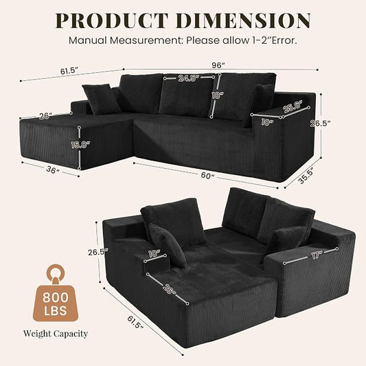 GRUSIGN Cloud Sectional Boneless Couches for Living Room, Modular L Shaped Couch with Deep Seat Oversized Left Facing Chaise, Memory Foam Compressed Spineless 3 Seater Sofa for Apartment, Black