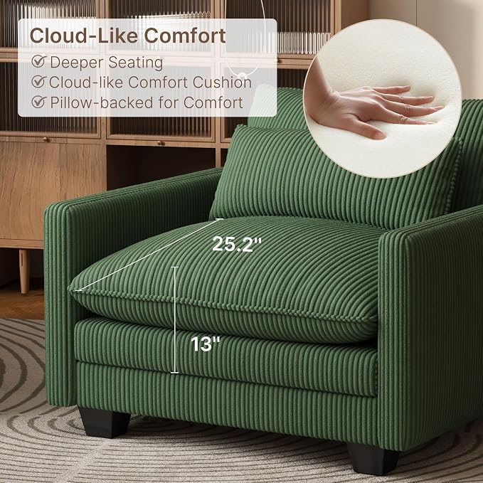 Gizoon Cloud Accent Chair with Washable Cover, Corduroy Single Sofa Chair with Comfy Deep Seat, Modern Armchair with Pillow for Living Room Bedroom, Green