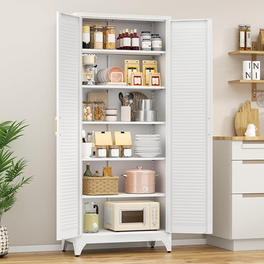 Polup 75" Kitchen Pantry Cabinet, White Metal Storage Cabinet with Doors and 5 Adjustable Shelves, Tall Metal Pantry Cabinets, Large Cupboard for Kitchen, Dining Living Room, Bathroom, Office