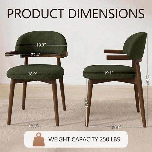 MOJAY Dining Chairs Set of 2 Walnut, Linen Green with Curved Armrests