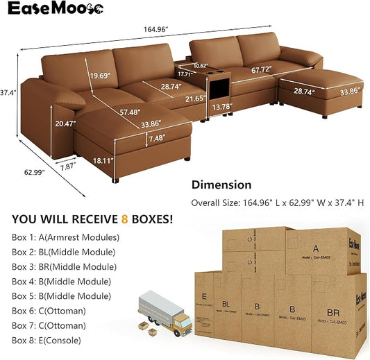 EASE MOOSE Leather Sectional Couch with Console, Oversized Modular Sectional Sofas, Wide Deep Seat Modular Couch, Scratch Resistant Faux Leather Material, U Shaped Sofa for Big Spaces,Brown