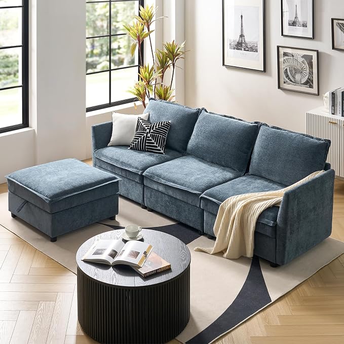 HULALA HOME 97'' Modular Sectional Sofa, L Shaped Couch with Storage Ottoman, Comfy Chenille Sofa with Deep Seat, 4 Seat Convertible Sectional Couches for Living Room, Blue