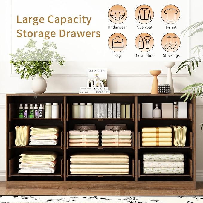 9 Drawer Dresser and Nightstand Sets for Bedroom, 3 Pcs Bedroom Set,Night Stand Set of 2 & 9 Drawer Dresser with Gold Handles, Modern Wood Chest of Drawers Storage Cabinet Set, Natural