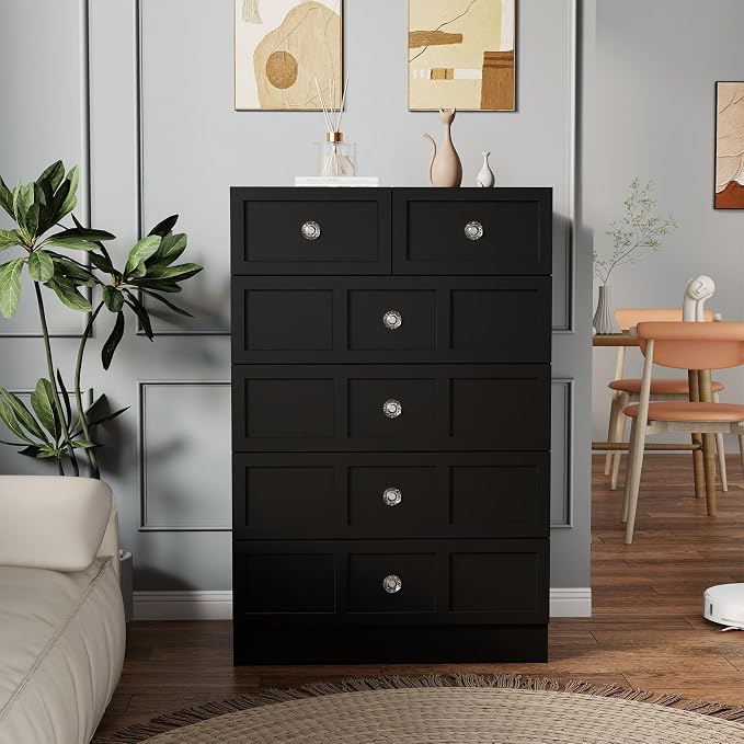 6 Drawer Dresser for Bedroom: 24" Black Wide Tall Dressers for Bedroom, Modern Fluted Dresser with Deep Drawers, Wooden Chest of Drawers for Living Room