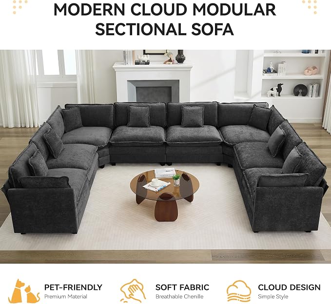 147'' Oversized U Shaped Cloud Sectional Sofa, Chenille Deep Seat Couches for Living Room, Comfy Upholstered Modular Sectional Sofa Couch, Dark Grey