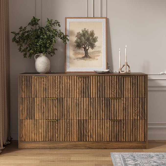 Walnut 7 Drawer Dresser for Bedroom, 55" Wide Fluted Chest of Drawers with Gold Metal Handles, Modern Wood Dresser Closet Storage Organizer Mid Century TV Stand for Living Room Hallway