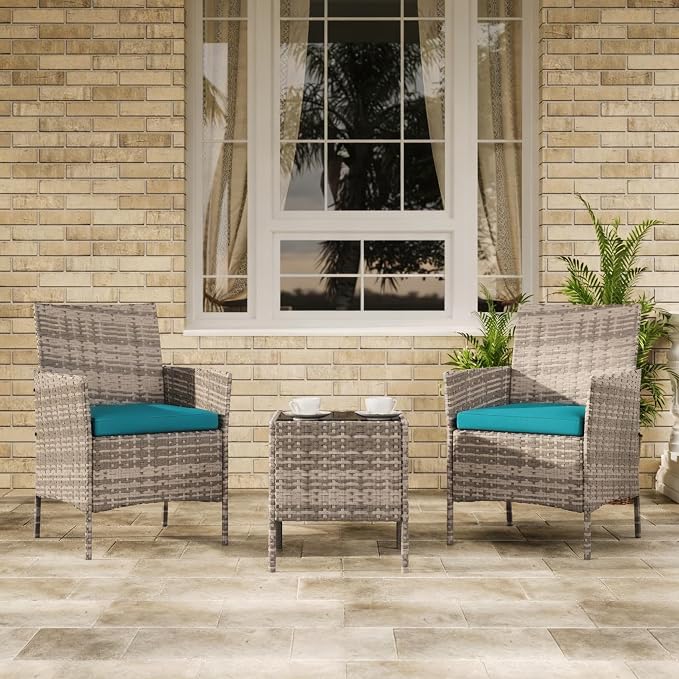 3-Piece Outdoor Furniture Set, PE Rattan Wicker Chairs with Soft Cushions & Tempered Glass Coffee Table - All-Weather Patio Set for Garden, Backyard, Porch, Poolside (Grey/Peacock Blue)