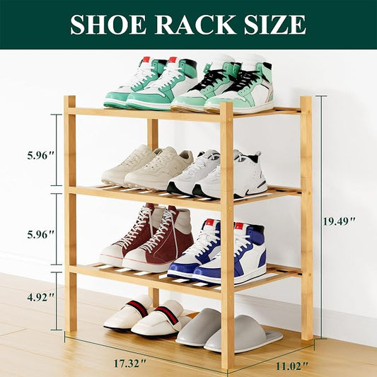 Smiry Small Bamboo Shoe Rack, 3 Tier Free Standing Wooden Shoe Organizer, Stackable Wood Shoe Storage Shelf for Closet, Entryway, 12 Vertical Slats, 2+1 Stack Standard Legs, 17.3"x11"x19.5", Natural