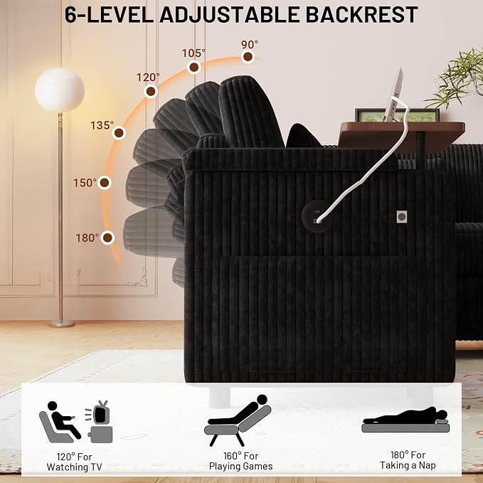 L-Shaped Sectional Sleeper Sofa with Pull Out Bed, Black | Plush Corduroy, Reclining Backrest, Storage Chaise, Usb Ports, Cup Holders & Table – Modular Cloud Couch for Living Room