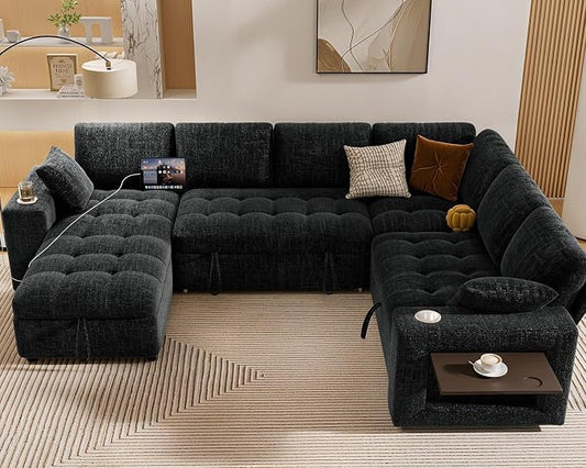 Vipbear 111" Modular Sectional Sleeper Sofa with Pull Out Bed, 7 Seat Chenille L Shaped Couch with Storage Chaise|USB Ports|Cup Holders|Side Table|LED Light, Tool Free Assembly, Black