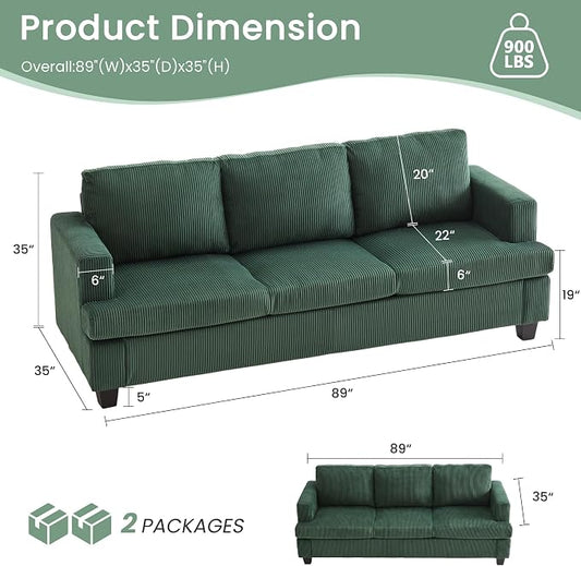 YOUDENOVA Sofa, 3 Piece Set Comfy Sofa, Loveseat & 2 3-Seater Couch with Deep Seats for Living Room, Modern Sleeper Couch, Green Corduroy