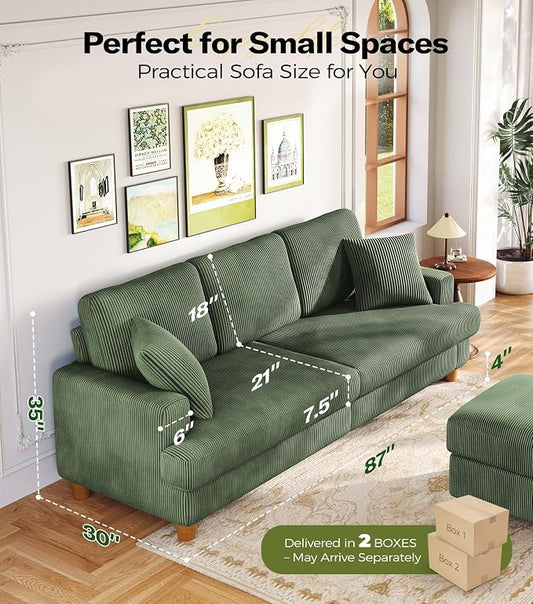 Kidirect 87in L Shaped Couch, Modular Sofa No Tool Assembly, Comfy Sectional Couches for Living Room 21" Deeper Seats, Corduroy Sofas for Living Room &2 Pillows, Loveseat Sofa Set, Oliver Green Couch