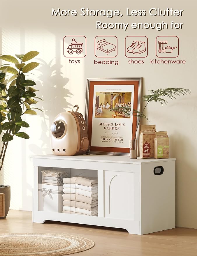 DINZI LVJ Storage Chest, 39.4” Wooden Toy Box with 2 Safety Hinges, Entryway Shoe Bench with Flip-Top, Sturdy Large Storage Trunk for Living Room, Bedroom, Playroom, Easy Assembly, White