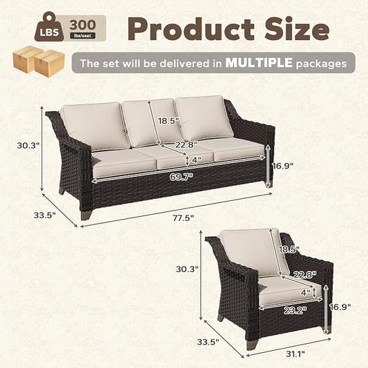 5 Pieces Patio Conversation Furniture Set - 1 Sofa, 4 Armchairs, Outdoor Wicker Furniture with Removable Cushions for Porch, Balcony, Sunroom (Beige)