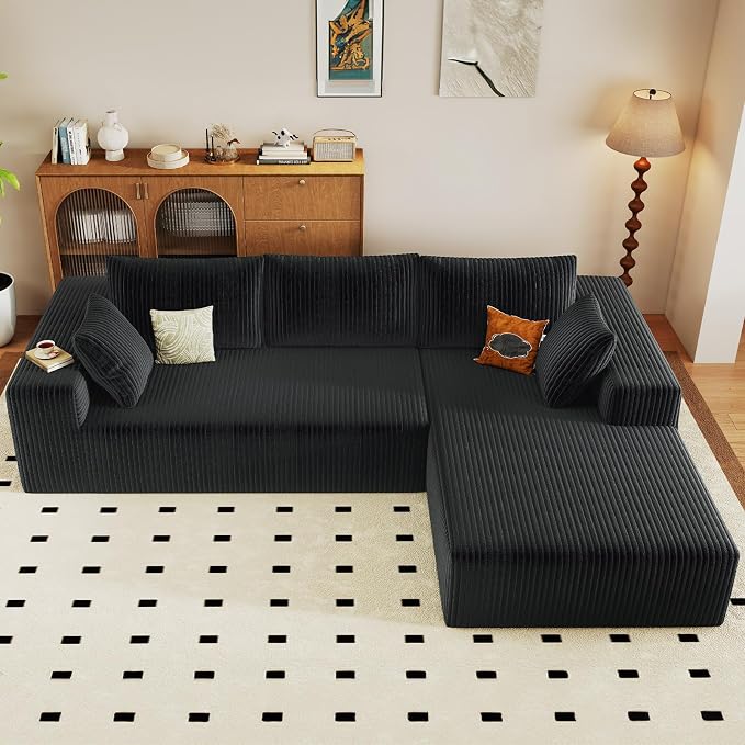96" Modular Sectional Sofa, Modern Corduroy Cloud Couch with Deep Seat, Boneless Couch Upholstered 3-Seater L-Shaped Sofa for Living Room, No Assembly Required (Black, Right-Facing Chaise)