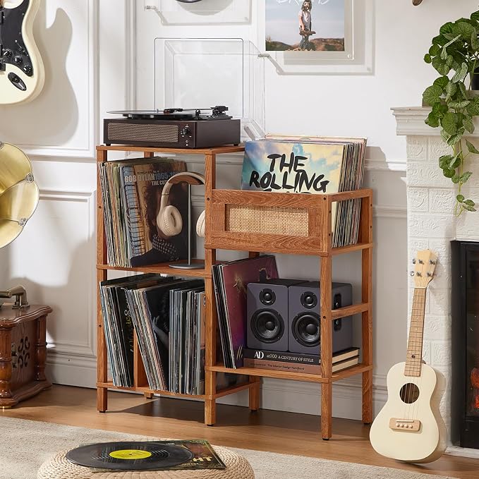 LELELINKY Record Player Stand, Brown Wood Record Holder with Vinyl Storage Holds up to 300+ Albums, 3-Tier Rattan Media Table with Vinyl Display Shelf, Record Storage Cabinet for Living Room