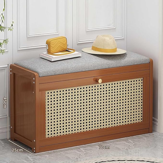 ELEFOCUS Shoe Storage Bench with Rattan Drawers - Slim Shoe Organizer Cabinet for Closet | Space-Saving Closed Shoe Rack (Size:70x25x45cm,Color:Brown)