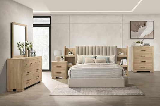Coaster Home Furnishings - Arielle - Wood - 5-Piece Bedroom Set with Storage Bed, Channel-Tufted Headboard, Bookcase Panels and Transitional Style - Bedroom - Queen Size - Light Oak - 223111Q-S5