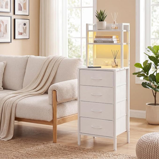 Fixwal 47 Inch Tall Nightstand with Charging Station, Led Night Stand with Socket, 4 PU Finished Fabric Storage Drawers, Office, Bedside Table & Bookshelf in One, White