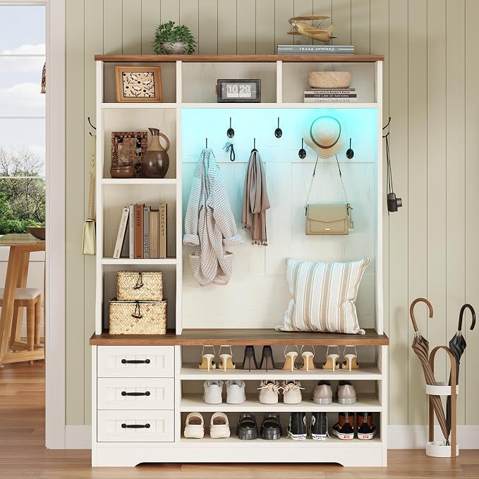 TVU Storage Hall Tree with Bench & 3 Drawers, 22-in-1 Coat Rack With 9 Coat Hooks, Farmhouse Entryway Bench With 9 Open Shelves for Hallway, Entryway (Hall Tree)