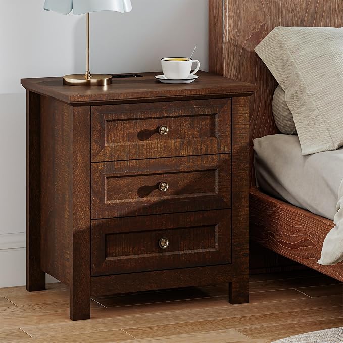 Farmhouse Dresser Nightstand Sets, 3-Piece Bedroom Furniture Set for Home | 6 Drawer Dresser Closet & 3 Drawer Nightstand Set of 2, Chest of Drawers for Bedroom, Living Room, Entryway, Dark Brown