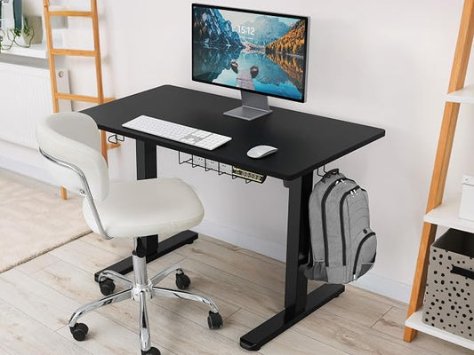 SHW 40 x 22 Inches Electric Height Adjustable Sit to Stand Desk with Hanging Hooks and Cable Management, Black Frame and Black Top