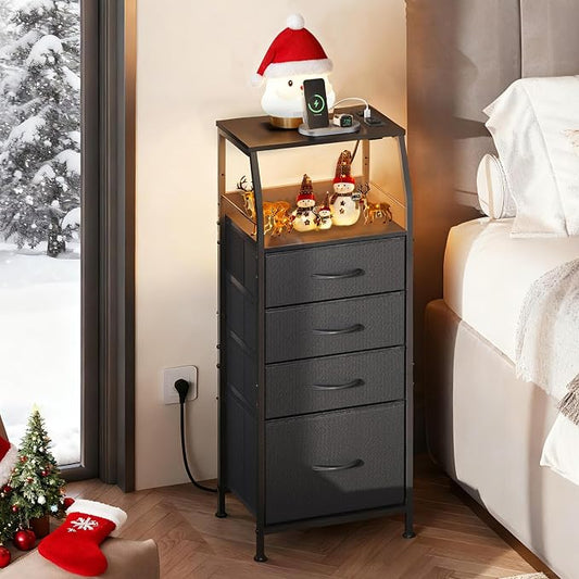 WLIVE Night Stand with Charger Station, LED Nightstand with 4 Fabric Drawers and Storage Shelf, Tall Dresser for Bedroom, 37.48" H Bedside Table with 3 USB Ports and Outlets, Black