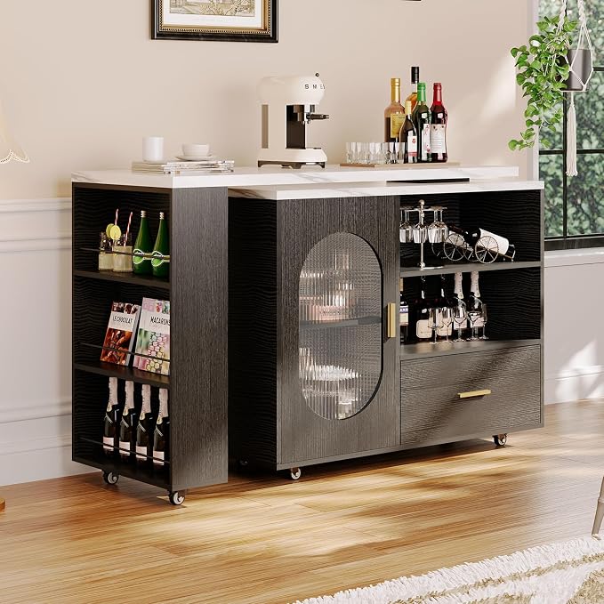 HSH Kitchen Island with Storage, Mobile Kitchen Island Cart with Cabinet, Drawer & Shelves, Farmhouse Island Table on Wheels with White Faux Marble Top and Black Oak Base for Dining Room & Home Bar