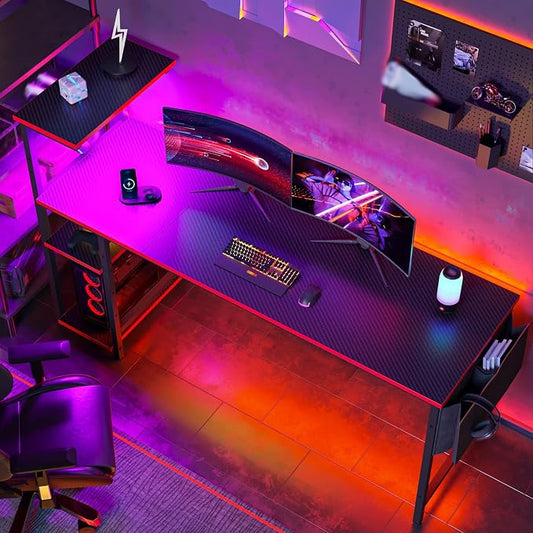 Bestier Gaming Desk with Shelves, 61 Inch Large PC Gaming Table with LED Lights, Led Gamer Desk with 4 Tiers Reversible Storage Shelves for Game & Bedroom Room (Black Grained)