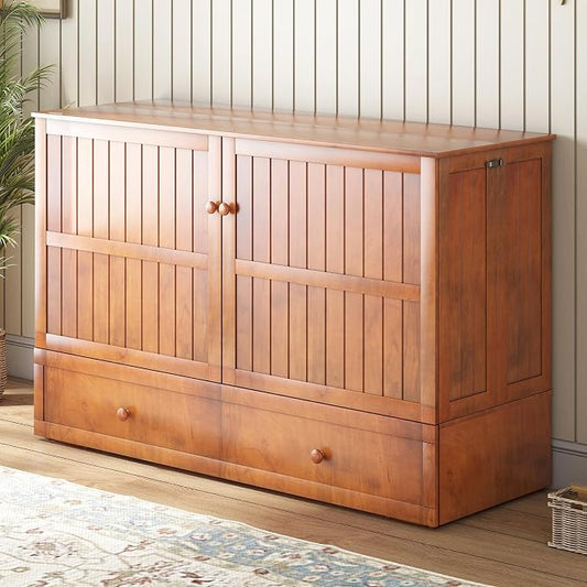 PUREMIND Queen Murphy Bed with Mattress Included, Murphy Cabinet Bed with Storage Drawer, Built-in Charging Station, Solid Wood Frame, Space-Saving Cabinet Beds for Small Spaces/Guest Room (Cherry)