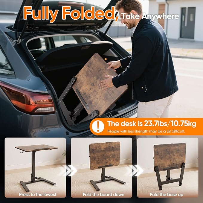 Monomi Mobile Folding Desk 25.6 Inch, Small Sit-Stand Height Adjustable Rolling Laptop Desk, Space-Saving Portable Desk with Wheels for Home Office Craft & Study, Brown