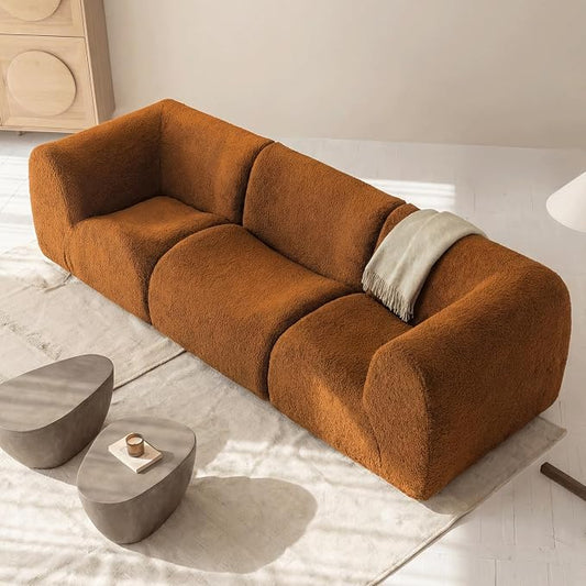 34" Curved Single Sofa Chair, Foam Boneless Sherpa Couch with Deep Seat, Comfy Teddy Sofas for Living Room, Bedroom, Apartment, Modern Sectional Modular Couches – No Assembly, Brown