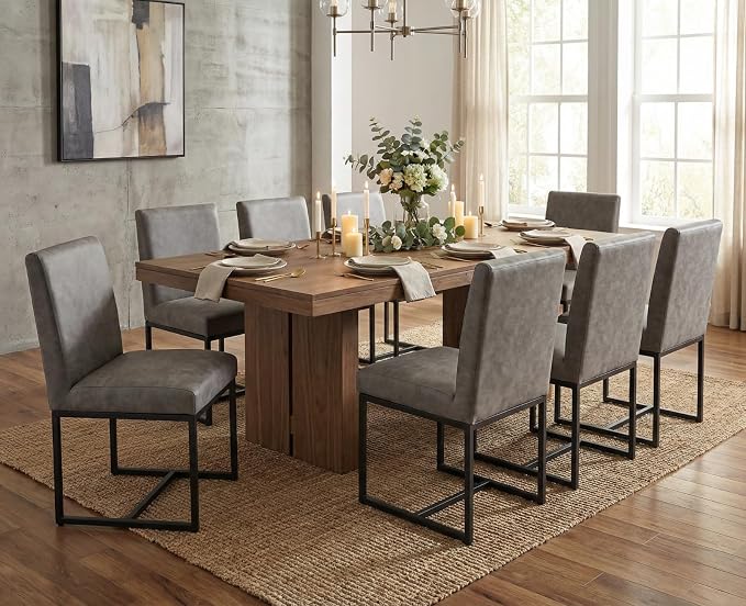 CIMOTA Modern Dining Chairs Set of 8, Leather Dining Room Chairs Upholstered Mid Century Armless Guest Side Chair with Black Base for Dining Room/Kitchen, Vintage Grey 8PCS