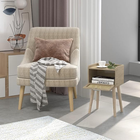 LAATOOREE Nightstand Set of 2, Small Bedside Table, End Table with Rattan Door, Boho Side Table with Solid Wood Legs for Bedroom Living Room Small Space