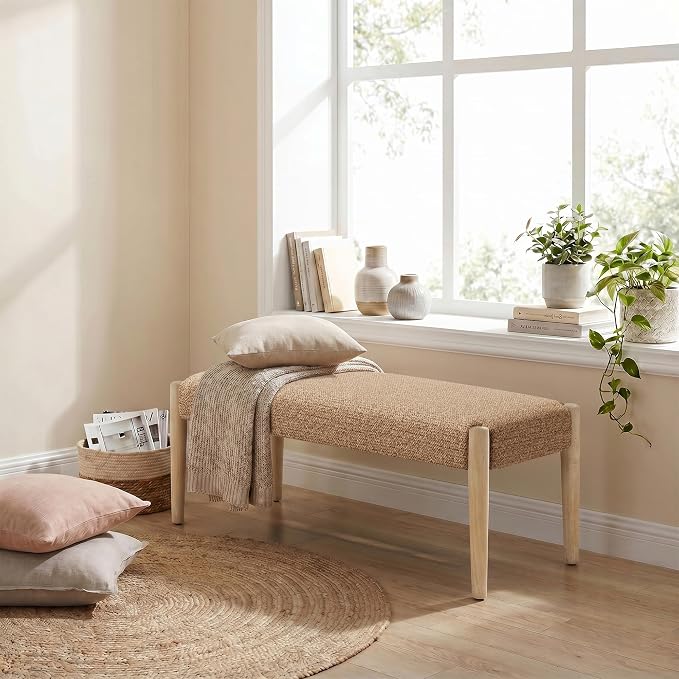 Usaint 42" End of Bed Bench, Modern Upholstered Bedroom Bench with Rubberwood Legs, Entryway Bench with Cushion, Dining Bench for Living Room, Bedroom, Orange with Oak Leg