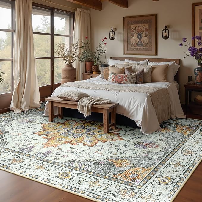 RELEANY Area Rugs 6'x8' Washable Non-Slip, Floral Vintage Distress Medallion Carpet for Living Room Bedroom Dining Room, Beige Carbon Grey Orange
