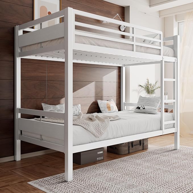 Einhomn Metal Bunk Bed Twin Over Full, Industrial Bunkbeds Heavy Duty Bed with Safety Guardrail & Ladders, Steel Bed for School, Bedroom, Noise Free, Easy Assembly