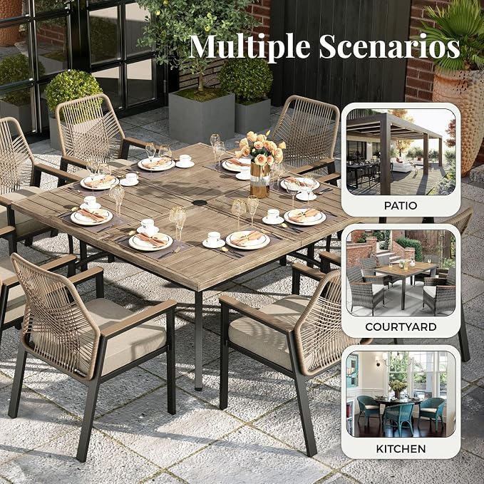 MIXPATIO 7 Pieces Outdoor Patio Dining Set, Rectangular Metal Patio Table with Umbrella Hole, 6 x Swivel Rope Rattan Chairs with 3.2" Cushion for Yard, Porch, Beige