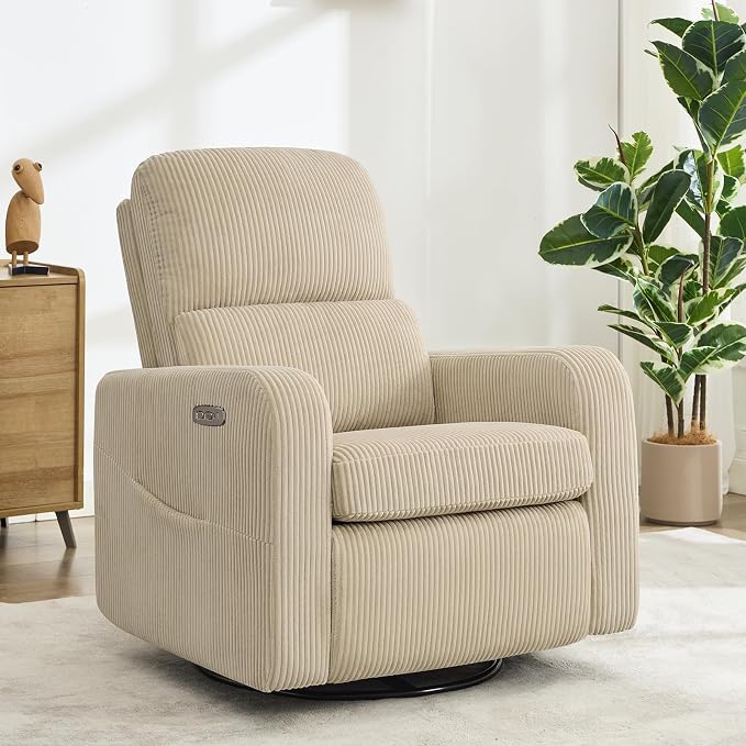 Swivel Rocker Recliner, Oversized Power Recliner Nursery Glider with Removable Cushion, Upholstered Corduroy Swivel Reclining Chairs for Nursery Living Room Bedroom, Camel