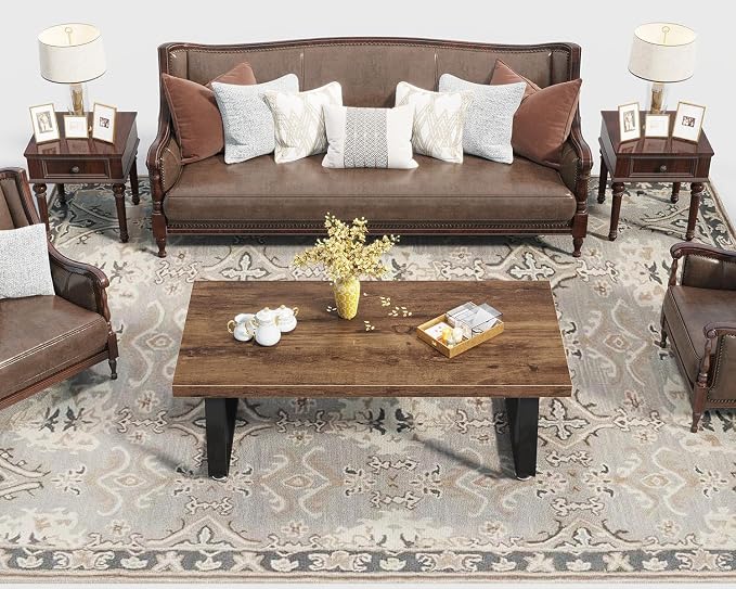 HSH Wooden Coffee Table, Industrial Rectangle Center Table, Modern Minimalist Coffee Table for Living Room, Farmhouse Wood and Metal Cocktail Tea Table for Bedroom Home Office, Rustic Brown, 47 in