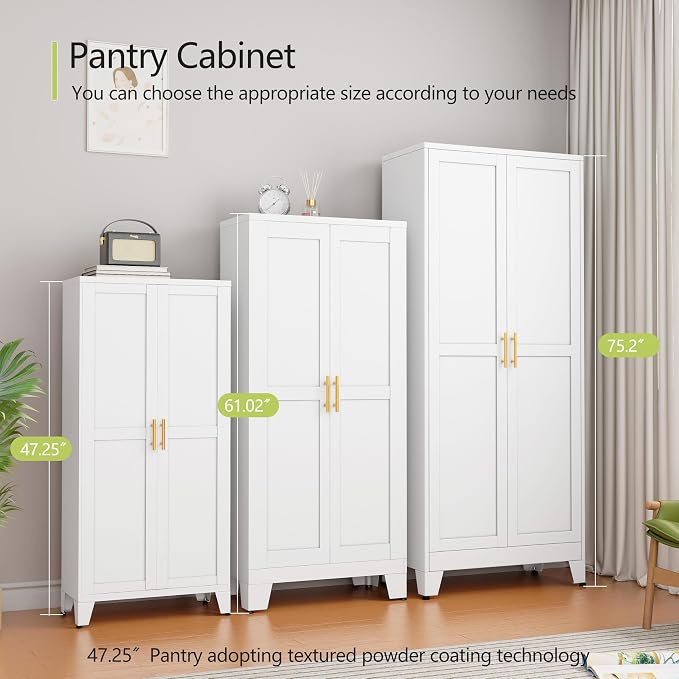 GAIOUS Metal Pantry Cabinet, Kitchen Pantry Storage Cabinets with 2 Door and 3 Adjustable Shelves, White Kitchen Pantry Cabinet, Freestanding Cupboard for Dining Room Living Room Bathroom