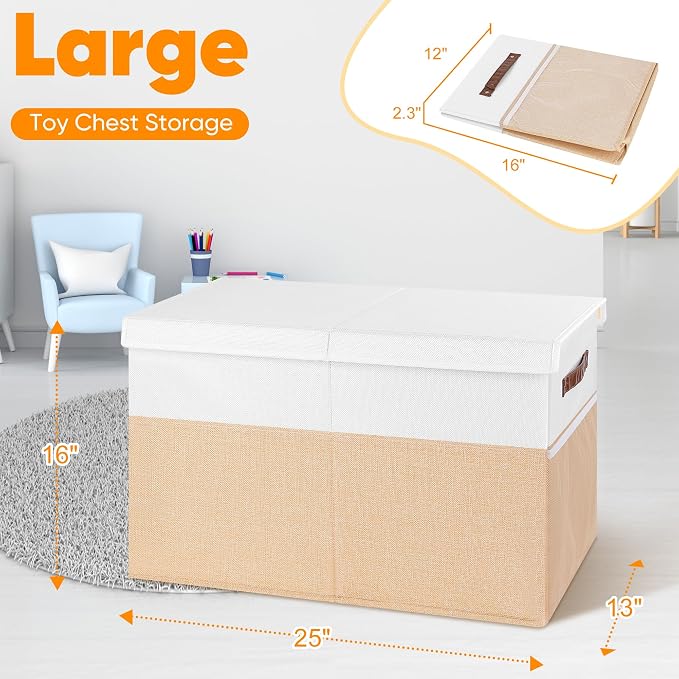 Mabahoo Large Toy Box, Collapsible Sturdy Storage Chest With Lids, Kids Toy Chest Storage Organizer Toddler Bin Boxes for Living Room, Bedroom, Nursery, 25"x13"x16", Beige & White