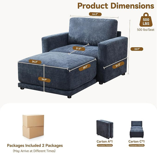44.2" Chenille Oversized Chair with Movable Ottoman, Modular 1 Seat Couch with Thickened Cushions, Modern Single Sofa Chaise Lounge Reading Chair for Living Room, Small Apartment, Blue