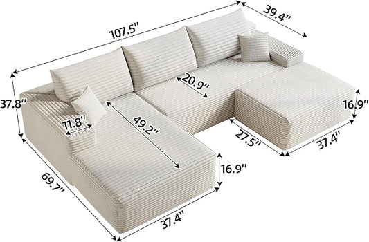107" Corduroy Couch with Ottoman, Cloud Sectional U Shaped Sofa, Deep Seat Boneless Couches for Living Room Bedroom Apartment, Compressed Foam No Assembly Required, Left Facing Chaise, White