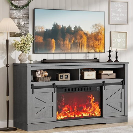 JUMMICO Fireplace TV Stand for 65+ Inch TV with 26'' Fireplace Entertainment Center with Storage Cabinet and Adjustable Shelves Media Console with Sliding Barn Door for Living Room (Pale Gray)