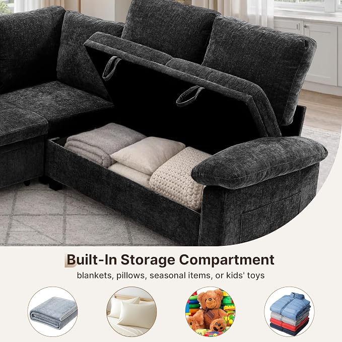 85" Modular Sectional Sofa Bed with Storage, L Shaped Pull Out Couch, Removable Chenille Sofa Cover for Living Room (Black, 5 Seat)
