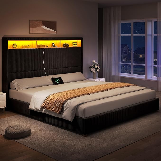 DWVO King Size Corduroy Upholstered Platform Bed Frame with Charging Station and RGB LED Lights, 53’’ Tall Storage Wingback Headboard, No Box Spring Needed, Easy Assembly, Noise-Free, Black